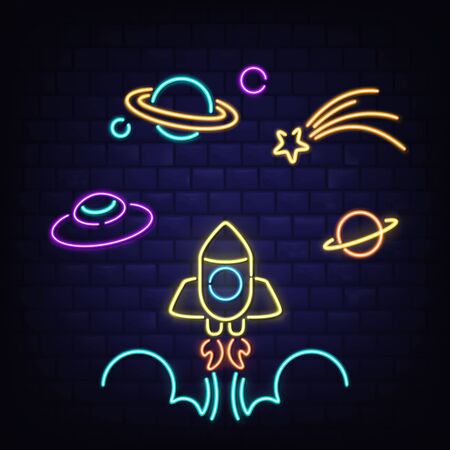 Neon space icons set, rocket, ufo, Saturn planet and comet signs, rocketship with flame, glowing fluorescent light on dark brick wall. Bar, nightclub retro illumination. Realistic vector illustrationのイラスト素材