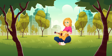 Recreation and enjoying music hobby in modern metropolis cartoon vector concept. Happy smiling young, blonde woman, sitting on lawn grass, resting, playing on acoustic guitar in city park illustrationのイラスト素材