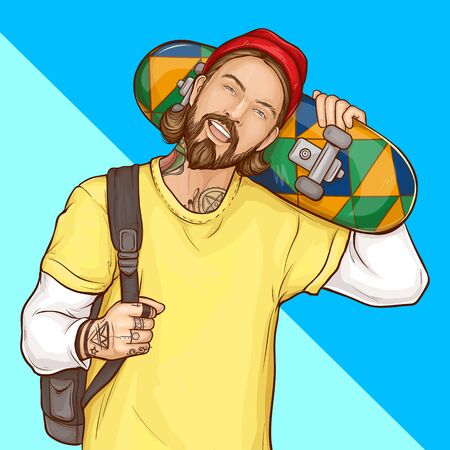Skater boy, hipster holding skateboard, smiling tattooed guy with beard wearing fashioned clothing and shoulder bag on blue background in pop art retro comic book style. Cartoon vector Illustrationのイラスト素材