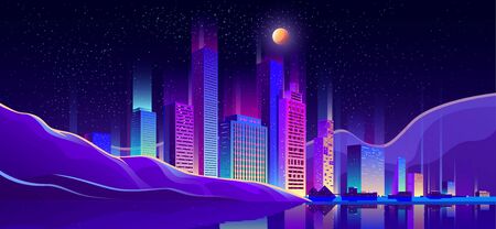 Metropolis on seacoast cartoon vector background with glowing at night, fluorescent neon illumination modern architecture skyscrapers buildings, cottage houses on city beach, embankment illustrationのイラスト素材