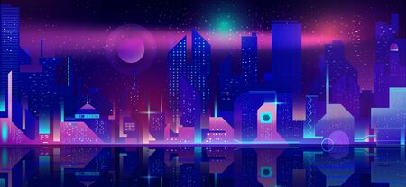 Night city in neon lights. Futuristic cityscape at waterfront background with glowing illumination. Modern town buildings exterior architecture in blue and purple colors. Cartoon vector illustrationのイラスト素材