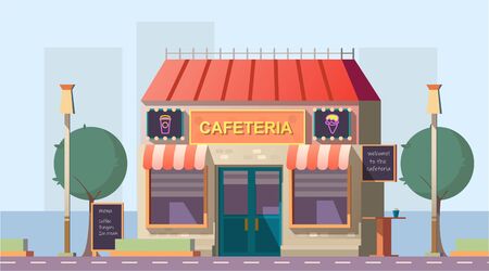 Roadside cafeteria or road cafe building with menu banner, neon glowing signboards and outdoor table stand at wayside in day time. Coffeeshop for car traveling people. Cartoon vector illustrationのイラスト素材
