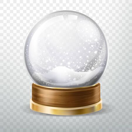 Realistic glass ball with fallen snow, snowfall inside isolated on transparent background, crystal globe or sphere design element, xmas gift, souvenir. Realistic 3d vector illustrationのイラスト素材