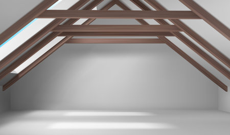 House attic interior, empty mansard room, spacious place on roof with beams ceiling, white floor,...