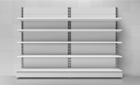 Store shelves, empty retail supermarket rack for products set isolated on tile wall background. White showcase display mockup, design advertising element, template. Realistic 3d vector illustrationのイラスト素材