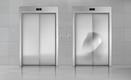 Elevator doors, close lift new and damaged cabin entrance with chrome metal buttons panel, empty building hallway interior, office vestibule, hotel or dwelling lobby Realistic 3d vector Illustrationのイラスト素材