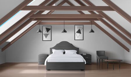 Bedroom on attic, empty interior modern home mansard or hotel apartment on roof with double king size bed, nightstands, lamps, table and chair luxury bedchamber design Realistic 3d vector illustrationのイラスト素材