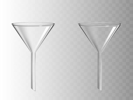 Glass funnel, glassware for chemical laboratory isolated on transparent background, filter instrument for liquids filtration, medical science lab equipment. Realistic 3d vector illustration, clip artのイラスト素材