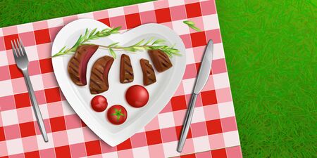 Top view bbq steak in heart shaped plate with tomatoes, fork and knife on checkered tablecloth and green grass, sliced fried meat, picnic barbeque meal, roasted food Realistic 3d vector illustrationのイラスト素材