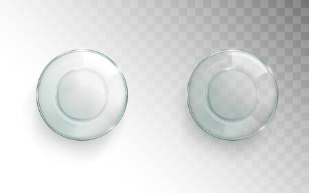 Empty glass cup top view, glassful for water set isolated on transparent background, kitchenware design element for advertising, clear container for drink. Realistic 3d vector illustration, clip artのイラスト素材