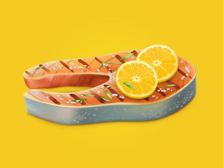 Fried, cooked on grill, salted, flavored with aromatic herbs and two lemon slices salmon steak 3d realistic isolated vector. Appetizing seafood product, delicious, decorated fish dish illustrationのイラスト素材