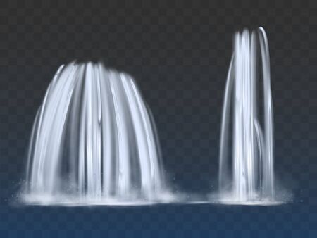 High, thin and wide waterfalls or fountains, high-water river streams, clean freshwater wellsprings flows 3d realistic vectors isolated on transparent background. Natural environment design elementのイラスト素材