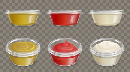 Blank plastic containers with lids for sauces side, top view 3d realistic vector illustration set. Mustard, ketchup, sour cream or mayonnaise packaging mockups isolated on transparent backgroundのイラスト素材