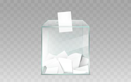 Square glass ballot box filled with blank white ballot paper sheets 3d realistic vector illustration isolated on transparent background. Democratic elections or confidential polling technology elementのイラスト素材