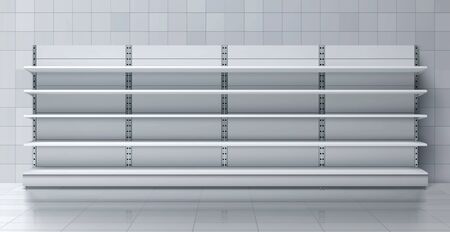 Grocery store, clothing shop, marker or supermarket long, wooden rack with empty shelves standing in trade room with tiled walls and floor 3d realistic vector. Retail industry furniture illustrationのイラスト素材