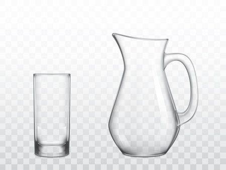 Empty, classic jug with handle and highball drinking glass 3d realistic vector objects isolated on transparent background. Home, restaurant glossy, clear glassware for water and drinks illustrationのイラスト素材