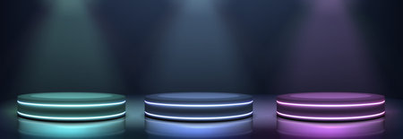 Empty podiums for product presentation or fashion performance, glowing in darkness with various...