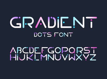 English ABC, full latin alphabet with futuristic, cyberpunk looking, digital, rounded shape with dots in gradient blue, pink and violet colors letters isolated flat vector illustrations collectionのイラスト素材