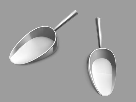 Metallic or stainless steel scoop with glossy chrome handle side, top view 3d realistic vector isolated on grey background. Kitchen utensil, grocery store tool for bulk goods filling illustrationのイラスト素材