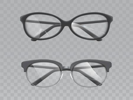Old unisex eyeglasses with black, plastic or metallic, full-rimed, semi-rimmed frame and broken, cracked lenses glass front view 3d realistic vector illustration isolated on transparent backgroundのイラスト素材