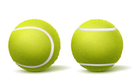 New, green and fluffy tennis balls top, side view 3d realistic vectors isolated on white background with shadows. Racket sport inventory illustration. Tennis tournament, competition ad design elementのイラスト素材