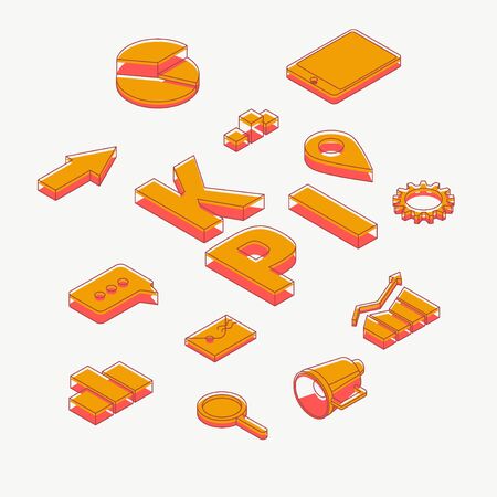 Key performance indicators, financial analysis, strategy planning and company growth statistics data 3d isometric projection icons, business concept design elements set isolated on white backgroundのイラスト素材