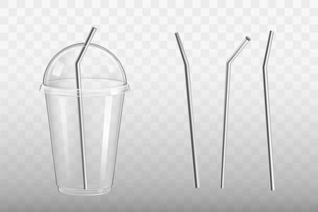 Stainless steel drinking straw in plastic glass with dome lid mockup. Eco-friendly, reusable bar, kitchen utensil for cocktails and beverages 3d realistic vector set isolated on transparent backgroundのイラスト素材