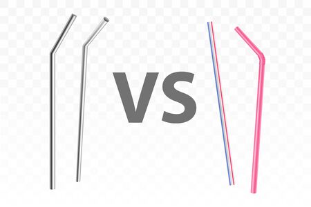 Reusable, metal drinking straws versus disposable, plastic concept. Ecological, stainless steel cocktail straws comparison to old, polluting environment utensil isolated, 3d realistic vector objectsのイラスト素材