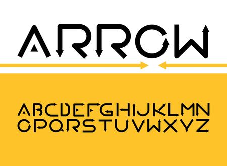 Stylized, complete english alphabet, full ABC with latin letters, futuristic, digital looking, rounded shape with arrow sign on black letters end vector illustration set on yellow, white backgroundのイラスト素材