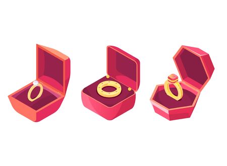 Wedding, engagement gold ring inlaid precious stone, diamond or ruby in opened red case isolated, isometric vector set. Anniversary, valentine celebration precious gift, romantic present illustrationのイラスト素材