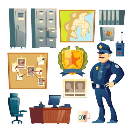 Police station, special investigations department, private detective workplace furniture and interior design elements, police officer character in uniform isolated, cartoon vector illustrations setのイラスト素材