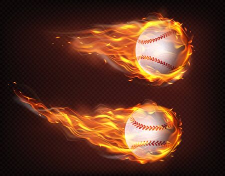 Firing, flying engulfed in flames baseball balls 3d realistic vector illustration isolated on transparent background. Sport inventory shop ad, baseball competition, tournament promotion design elementのイラスト素材