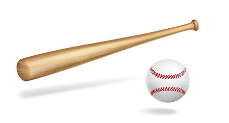 Wooden baseball bat and white leather ball with red strips perspective view, 3d realistic vector object isolated on white background with shadows. Competitive team sport equipment element illustrationのイラスト素材