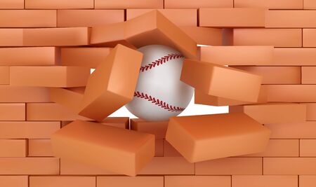 Brick wall destroying with baseball ball coming out of hole with red bricks falling down. Sports game championship or tournament announcement, demolishing building Realistic 3d vector illustrationのイラスト素材
