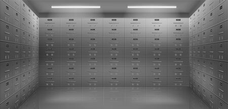 Bank safe boxes wall in vault. Individual deposit lockers in strongroom or underground secured storage 3d realistic vector illustration. Valuable possessions secure banking service concept backgroundのイラスト素材