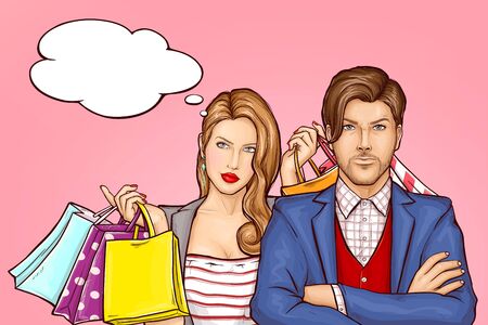 Couple returning from shopping concept. Satisfied young woman with shopping bags, paper packets in hands standing behind serious man. Husband upset because wife purchases pop art vector illustrationのイラスト素材