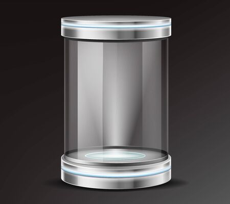 Empty glass cylinder capsule, transparent round showcase with neon illumination in metal base, lid. Safety container, product presentation podium, exhibit or museum display box 3d realistic vectorのイラスト素材