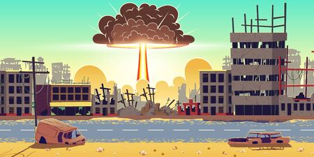 Nuclear bomb explosion in ruined city. Fiery mushroom, cloud of atomic bomb detonation raising under ruins. Mass destruction weapon in war conflict, nuclear catastrophe cartoon vector illustrationのイラスト素材