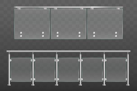 Glass balustrade with metal handrails set. Banister or fencing sections with steel pillars. Panels balusters for architecture design isolated on transparent background Realistic 3d vector illustrationのイラスト素材