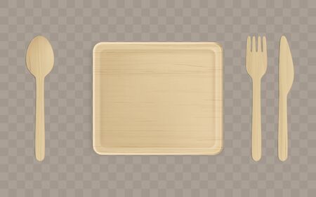 Disposable wooden plate, fork, spoon and knife top view, single-use tablewear isolated on transparent background, table setting, square dish of natural eco material. Realistic 3d vector illustrationのイラスト素材