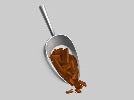 Dark chocolate broken bar in scoop top view isolated on grey background. Black bitter choco blocks pieces in metal spoon for melting or pastry decoration cacao dessert Realistic 3d vector illustrationのイラスト素材