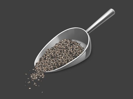 Chia seeds spill out of metal scoop isolated on black background. Super food nutrient, antioxidant, vegetarian nutrition ingredient for cooking healthy vegan meals. Realistic 3d vector illustrationのイラスト素材