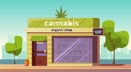 Cannabis store, marijuana organic shop building front view with equipment and accessories for smoking standing on showcase, cbd products online order service, weed purchase Cartoon vector illustrationのイラスト素材