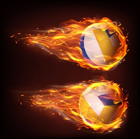Volleyball balls flying in fire, falling in flame side view isolated on black background. Sport inventory store ad, competition or tournament promotion design element. Realistic 3d vector illustrationのイラスト素材
