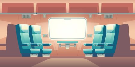 Train inside interior, empty railway car with comfortable double seats, hinged table buttons panel near large window, luggage compartment storage above. Commuter transport. Cartoon vector illustrationのイラスト素材