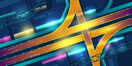 Transport interchange in night neon city top view. Urban futuristic infrastructure in vibrant colors, modern megapolis architecture with glowing skyscrapers and moving cars Cartoon vector illustrationのイラスト素材