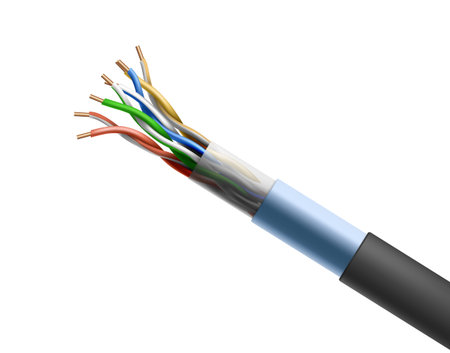 Twisted cable isolated on white background, shielded pair cabling wiring in which conductors of...