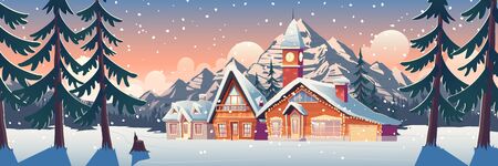 Winter mountain landscape with houses decorated with christmas garland and tower with clock. Ski resort settlement with spruce trees and snowy peaks in Canada or North Pole Cartoon vector illustrationのイラスト素材
