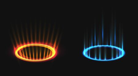 Vs hologram effect circles set. Versus neon round blue and red glow rays night scene with sparks, hud battle or competition pedestals. Magic portals or teleports. Realistic 3d vector illustrationのイラスト素材