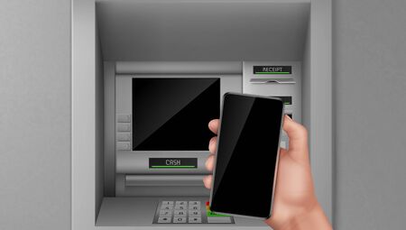 Atm and smartphone, hand holding mobile phone at automated teller machine screen. Nfc payment service online transaction and operation with money Bank finance terminal Realistic 3d vector illustrationのイラスト素材